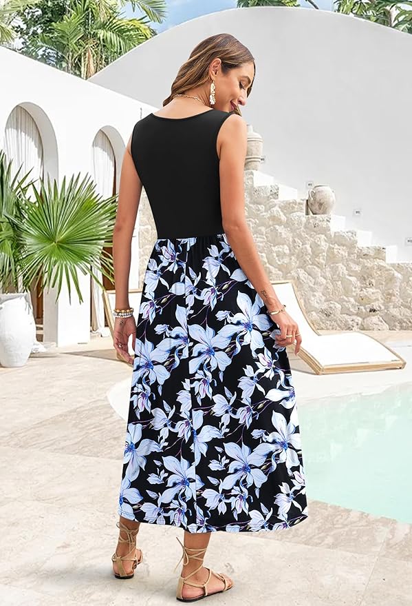 WNEEDU Women's Summer Maxi Dress 2026 Casual Sleeveless Hawaiian Sundress Tropical Long Dress Beach Vacation Outfit