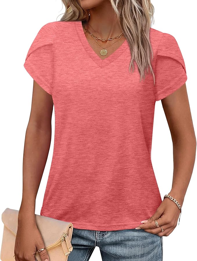WIHOLL Womens Tops V Neck Summer Petal Sleeve Casual Tshirts