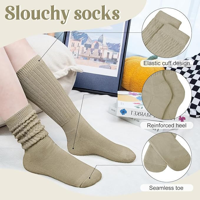 Justay 5 Pairs Slouchy Socks for Women - Slouch Long Crew Knit Boot Athletic Calf Tube Scrunch Socks