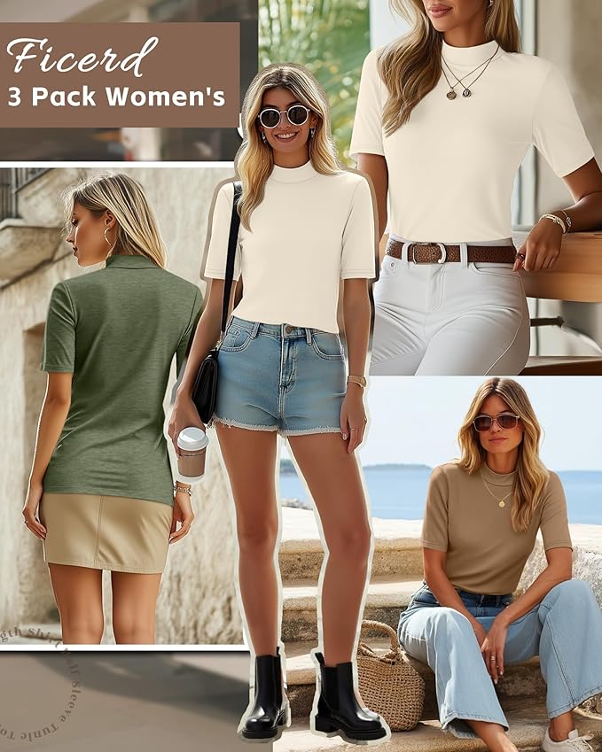 Ficerd 3 Pack Women's 1/2 Sleeve Mock Turtleneck Shirts, Elbow Length Shirt Half Sleeve Tunic Top Casual Summer Basic Tees