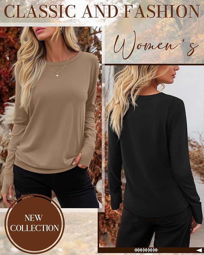 Huukeay 3 Pack Women's Long Sleeve Shirts with Thumb Holes, Cotton Casual Crew Neck Tunic Tops Fall Loose Y2k Trendy Outfits