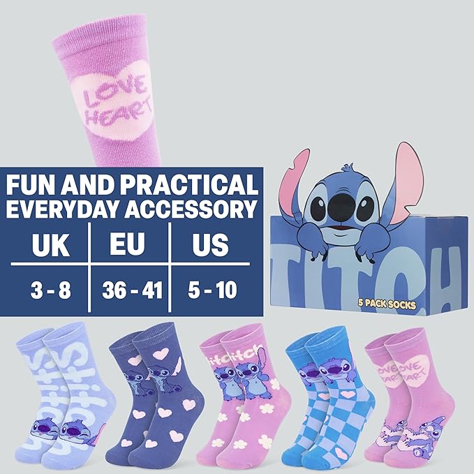 Disney Socks for Women, Teens, 5 Pack Soft Breathable Crew Character Socks for Lounging, Daily Wear, Funny Gifts for Women