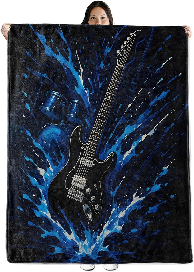 Oertud Guitar Gifts, Electric Guitar Theme Flannel Blanket for Women, Rock Music Birthday Throw Blankets for Kids, Girls, Travel Camping Sofa Living Room Decor 50x60 in