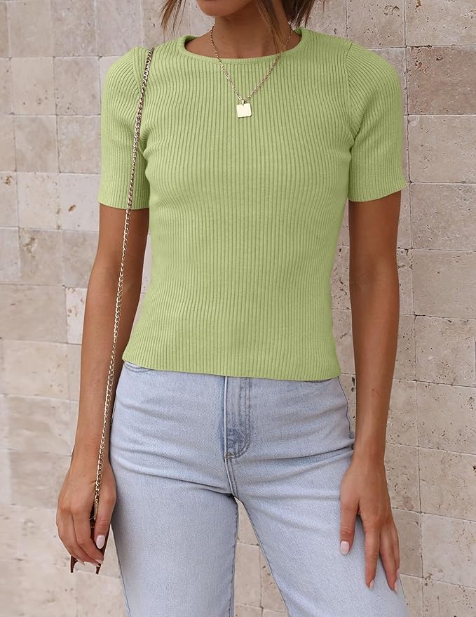ZESICA Women's Short Sleeve Sweater Tops 2026 Summer Crewneck T Shirt Ribbed Knit Slim Fit Basic Solid Color Tee
