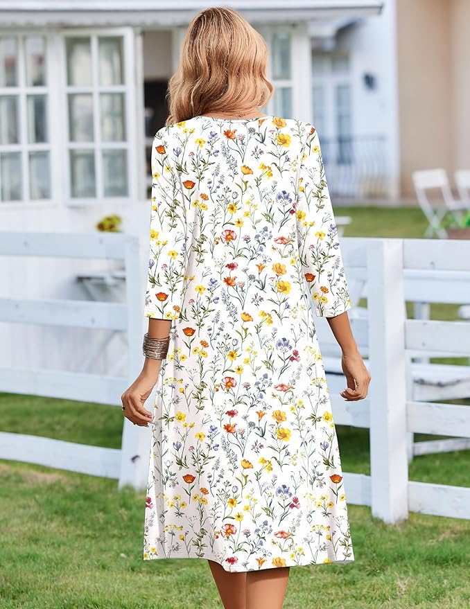 ZEAGOO 3/4 Sleeve Women's Dress Casual Flowy A-Line Midi Tshirt Dresses with Pocket Empire Waist Summer Boho Beach Sundress