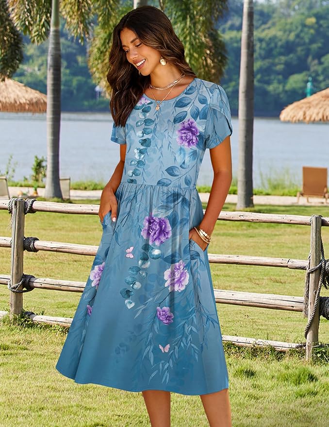 HOTOUCH Women's Summer A-Line Midi Dresses 2026 Casual Floral Short Sleeve T-Shirt Dress Flowy Beach Sundress with Pockets