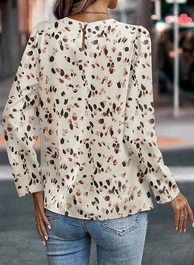 Samefar Womens Tops Dressy Casual Pleated Crew Neck Long Sleeve Shirts Office Work Chiffon Blouses