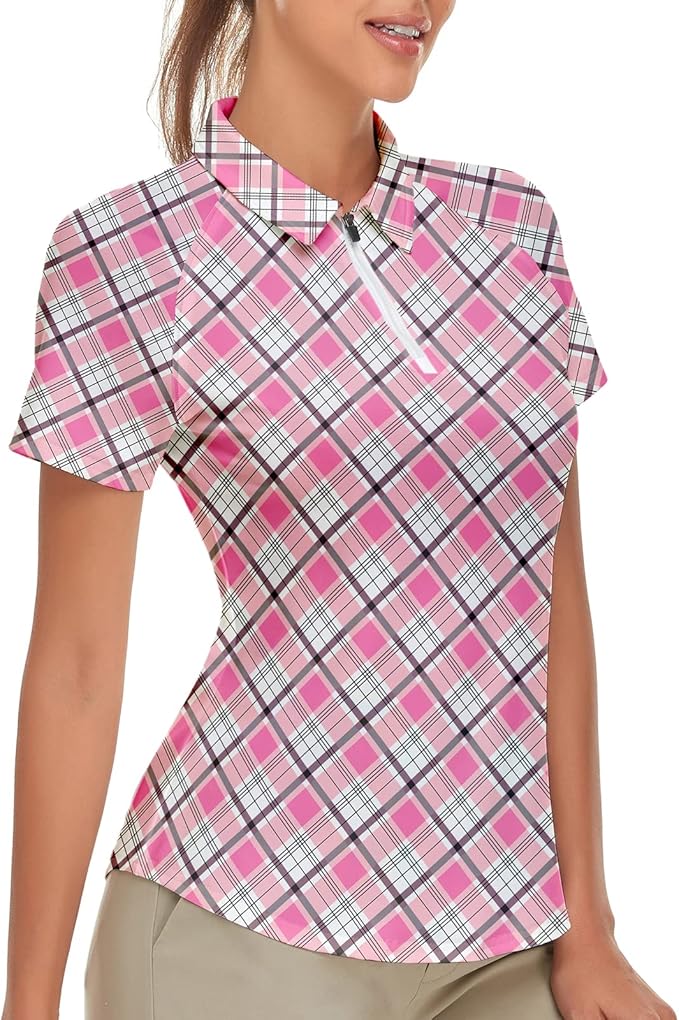 Women's Golf Shirt Short Sleeve Tennis Shirt Quarter Zip Golf Pullover Golf Polo Shirts Argyle Tops