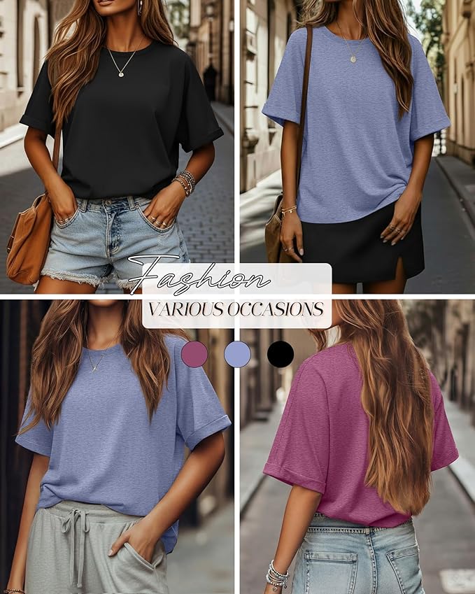 Riyiper 3 Pack Women's Oversized T-Shirt Half Sleeve Summer Tees Casual Loose Fit Crew Neck Basic Tops