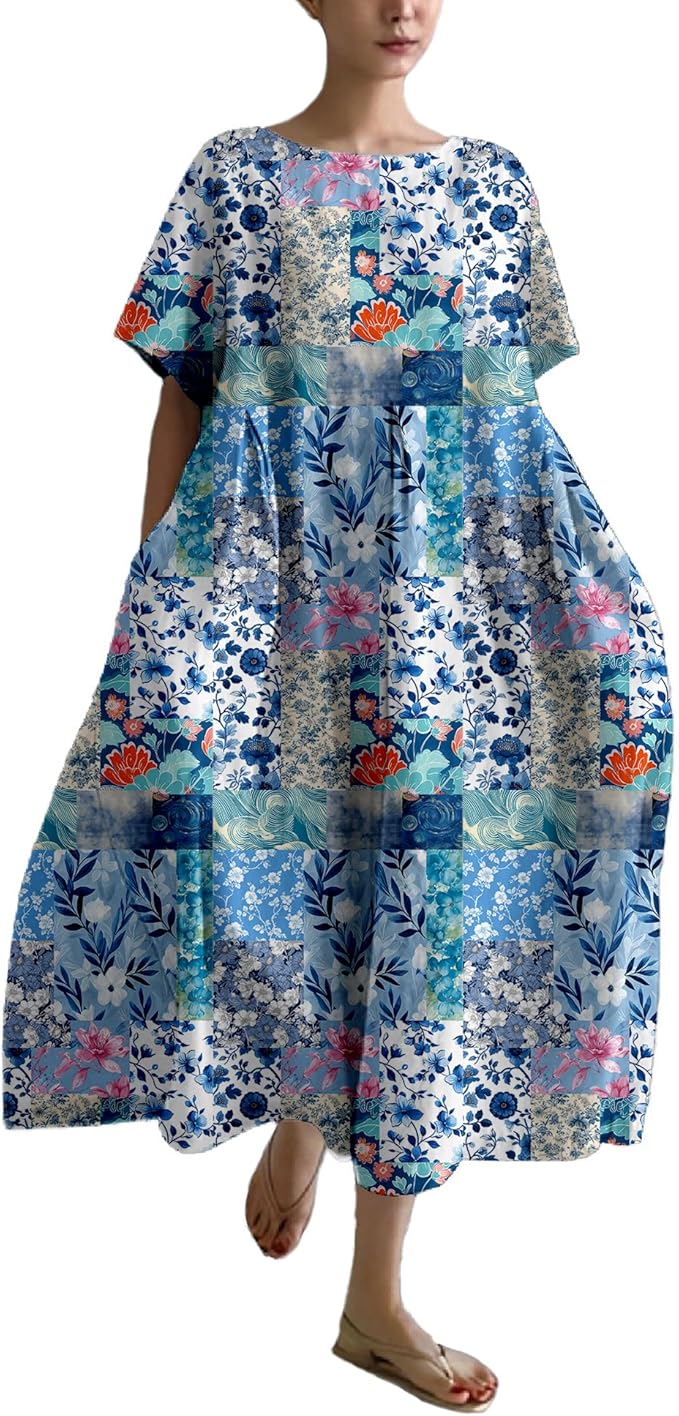 MARSVOVO Patchwork Flowy Dresses for Women Plus Size Loose Casual Tunic Dress Elegant Crewneck Maxi Dresses with Pockets