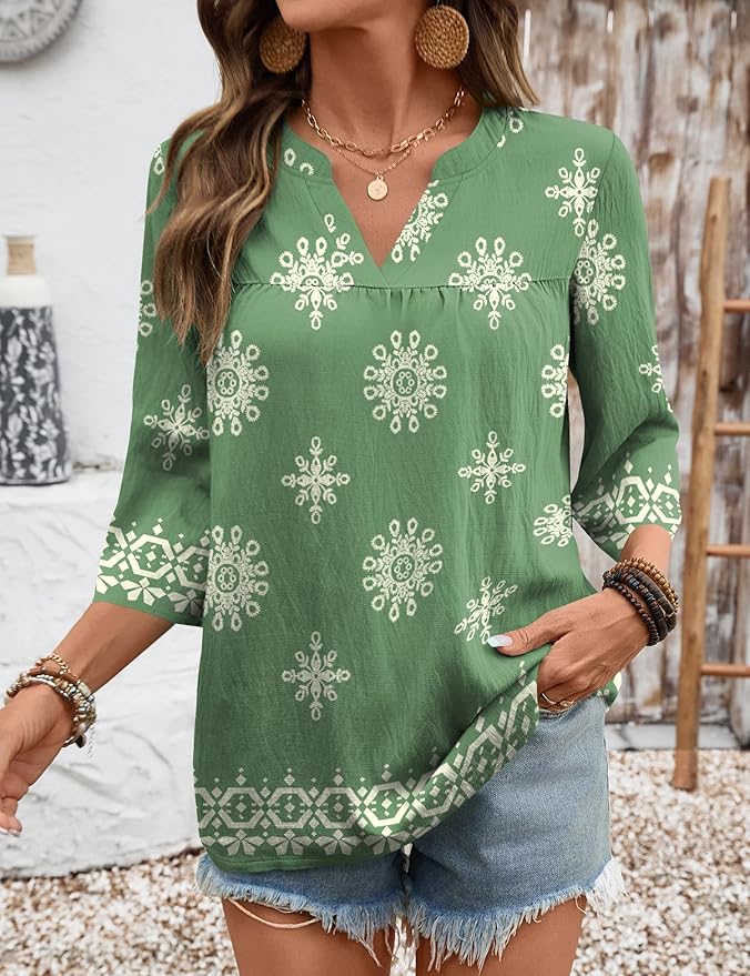 Rapbin Womens 3/4 Sleeve V Neck Floral Print Pleated Blouses for Women Dressy Casual Loose Fit Tops