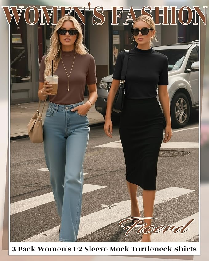 Ficerd 3 Pack Women's 1/2 Sleeve Mock Turtleneck Shirts, Elbow Length Shirt Half Sleeve Tunic Top Casual Summer Basic Tees