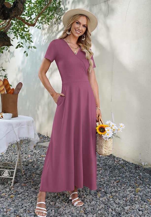 AUSELILY Maxi Dresses for Women Ankle Length Floral Print Beach Long Flowy Dress with Pockets