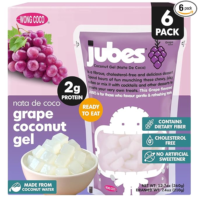 Jubes Grape Nata De Coco Jelly Cubes (12.7 oz, Pack of 6) - Grape Coconut Jelly Cubes for Sago - Coconut Gel in Syrup Toppings for Fruit Tea, Boba, Bubble Tea, Drinks, Desserts Yogurt, Ice Cream, Beverage
