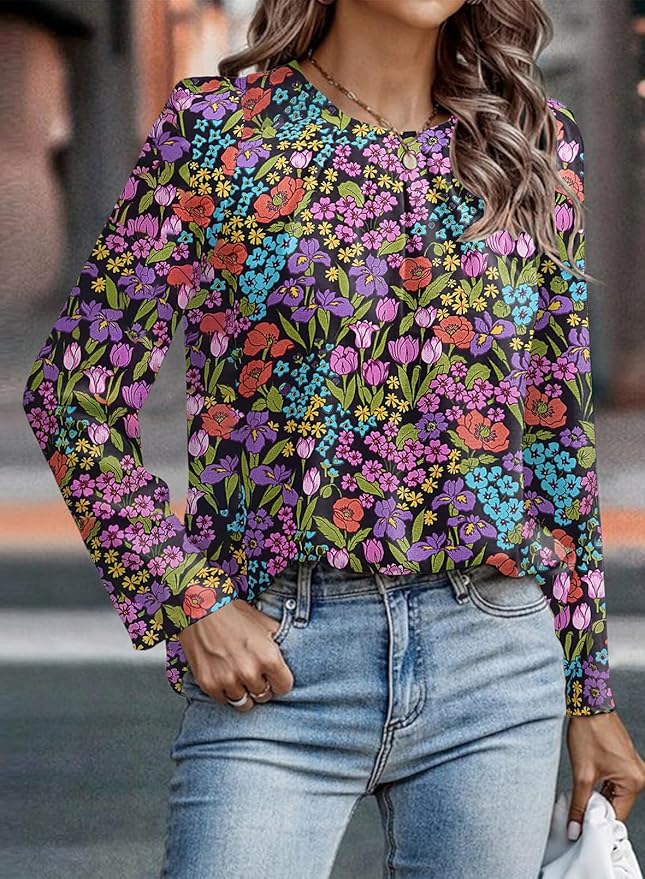 Samefar Womens Tops Dressy Casual Pleated Crew Neck Long Sleeve Shirts Office Work Chiffon Blouses