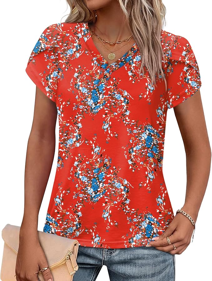 WIHOLL Womens Tops V Neck Summer Petal Sleeve Casual Tshirts