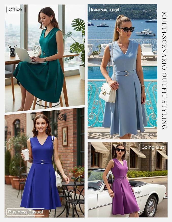 GRACE KARIN Work Dresses for Women 2026 V Neck Fit and Flare Midi Dresses Office Business Dress with Belt and Pockets