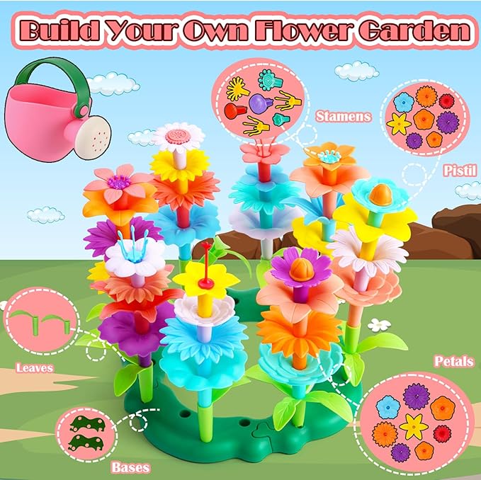 FUNZBO Flower Garden Building Toys Set - Birthday Gifts for Age 2 3 4 5 6 Years Old Girls, STEM Montessori Educational Toy for Toddler Kids, Sorting & Stacking Spring Gardening Set
