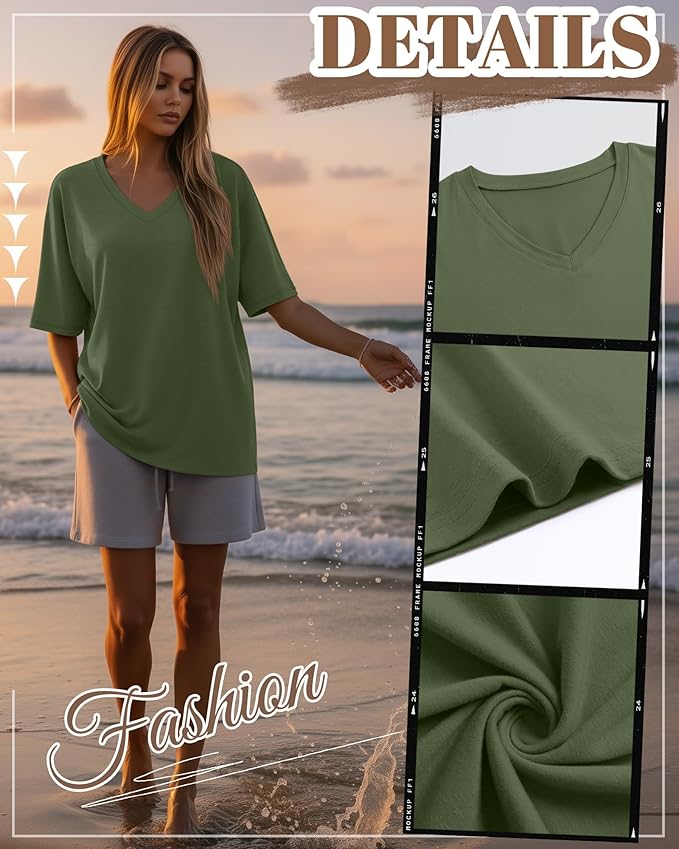 Huukeay Women's Cotton Oversized T Shirts 3 Pack V Neck Loose Fit Half Sleeve Tops Baggy Casual Summer Gym Workout Tees 2026