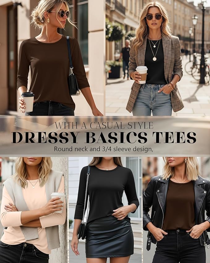 Ficerd 3 Pack 3/4 Sleeve Tops for Women Round Neck Dressy Basics Tees Casual Trendy Loose Fit T Shirts