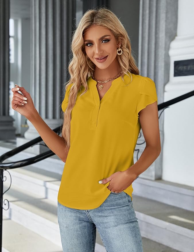 Blooming Jelly Women's Dressy Casual Tops Business Work Blouses White Button Down Shirts Cap Sleeve V Neck Tshirt
