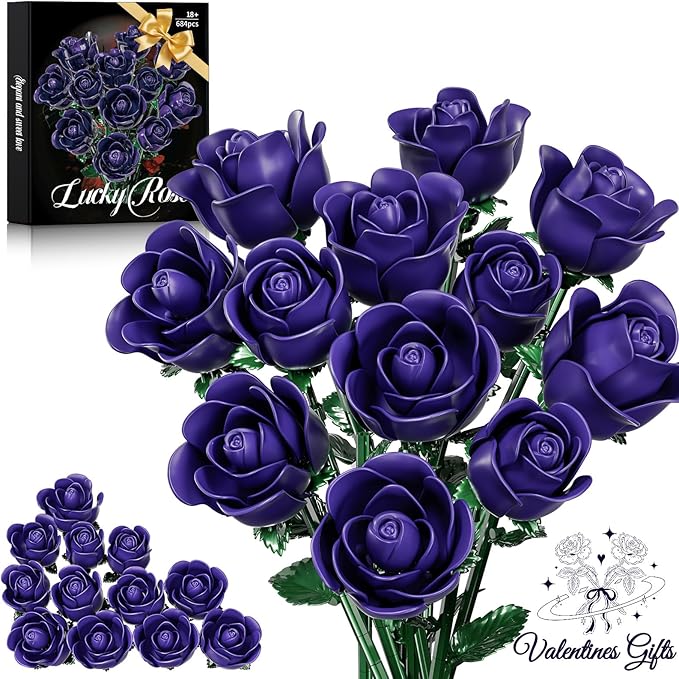 Purple Rose Bouquet Building Set for Adults Women - 12 Pack, Botanical Collection Gift for Christmas, Valentine's Day & Mother's Day - Artificial Flowers Botanical Collection Centerpiece Retro Decor