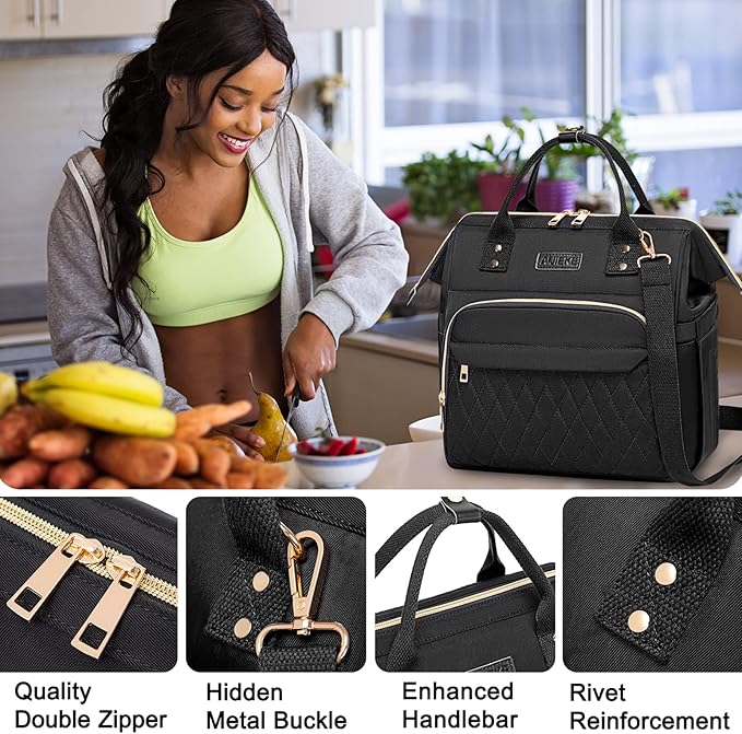 AIJIEKE Lunch Bag for Women, Leakproof & Insulated Work Lunch Box Tote, Reusable Adult Cooler Bag with Water Bottle Side Pocket & Removable Shoulder Strap, Black