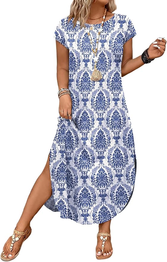 WIHOLL Summer Dresses Cap Sleeve Crewneck Maxi Long Casual Dress with Pockets Beach Vacation Sundresses 2026 Trendy
