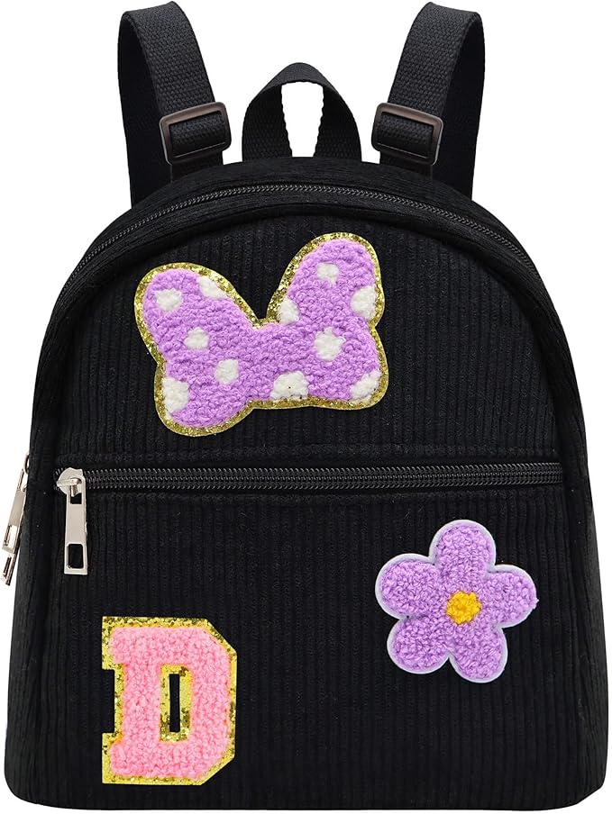 2 3 4 5 6 Year Old Girl Gifts Chenille Initial Mouse Bow Mini Backpack, Corduroy Toddler Backpacks Christmas Birthday Gifts for Girls 2-4 5-6, Black Mini Diaper Bag Must Haves for Park Travel Letter D
