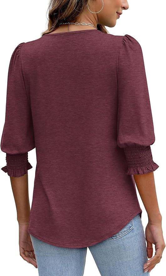 XIEERDUO Blouses for Women Dressy Casual 3/4 Length Sleeve Womens Tops with Smocked Cuffs