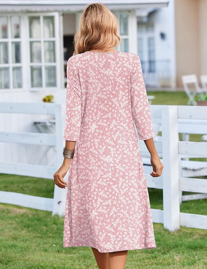 ZEAGOO 3/4 Sleeve Women's Dress Casual Flowy A-Line Midi Tshirt Dresses with Pocket Empire Waist Summer Boho Beach Sundress