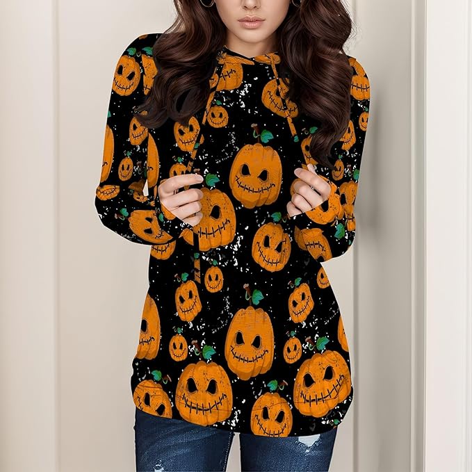 domirica Halloween Sweatshirts For Women Long Sleeve Spooky Graphic Sweatshirts Pumpkin Pullover Halloween Party Club Wear