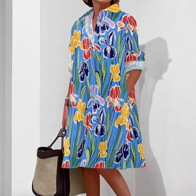 Shirt Dresses for Women 2025 Summer Long Sleeve Casual Plus Size Floral Printed Beach Vacation Dress with Pockets