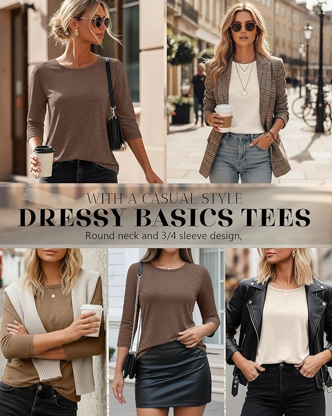 Ficerd 3 Pack 3/4 Sleeve Tops for Women Round Neck Dressy Basics Tees Casual Trendy Loose Fit T Shirts