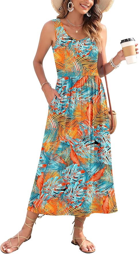 WNEEDU Women's Summer Maxi Dress 2026 Casual Sleeveless Hawaiian Sundress Tropical Long Dress Beach Vacation Outfit