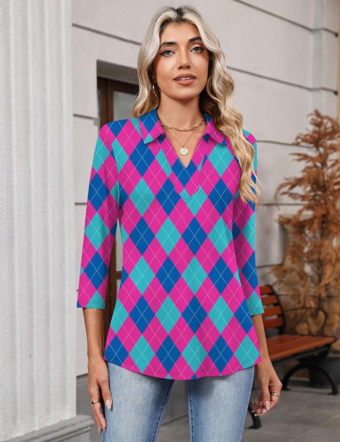LOMON 3/4 Length Sleeve Womens Tops 2026 Spring Summer Collared Polo Shirts V Neck Casual Basic Polos Tees Shirt