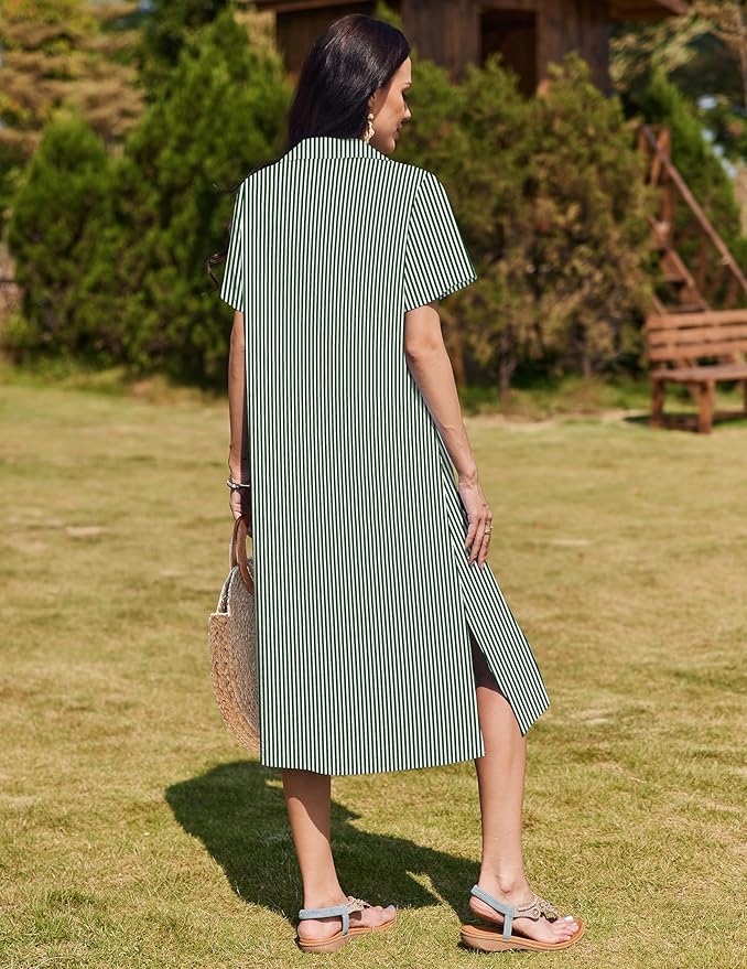 HOTOUCH Womens Dress Summer Casual Midi Short Sleeve Button Down Shirt Dresses Loose Beach Cover Up with Pockets