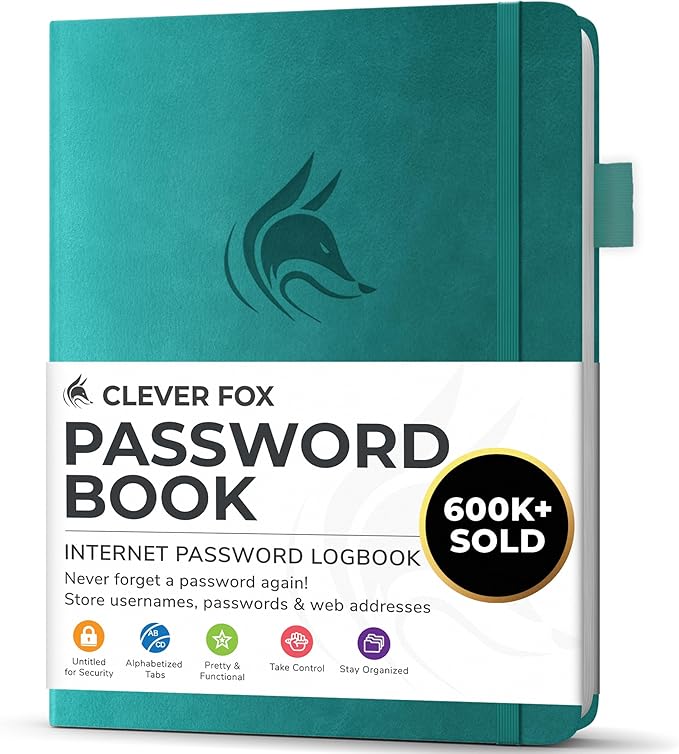 Clever Fox Password Book with alphabetical tabs. Internet Address Organizer Logbook. Small Pocket Password Keeper for Website Logins (Aquamarine)