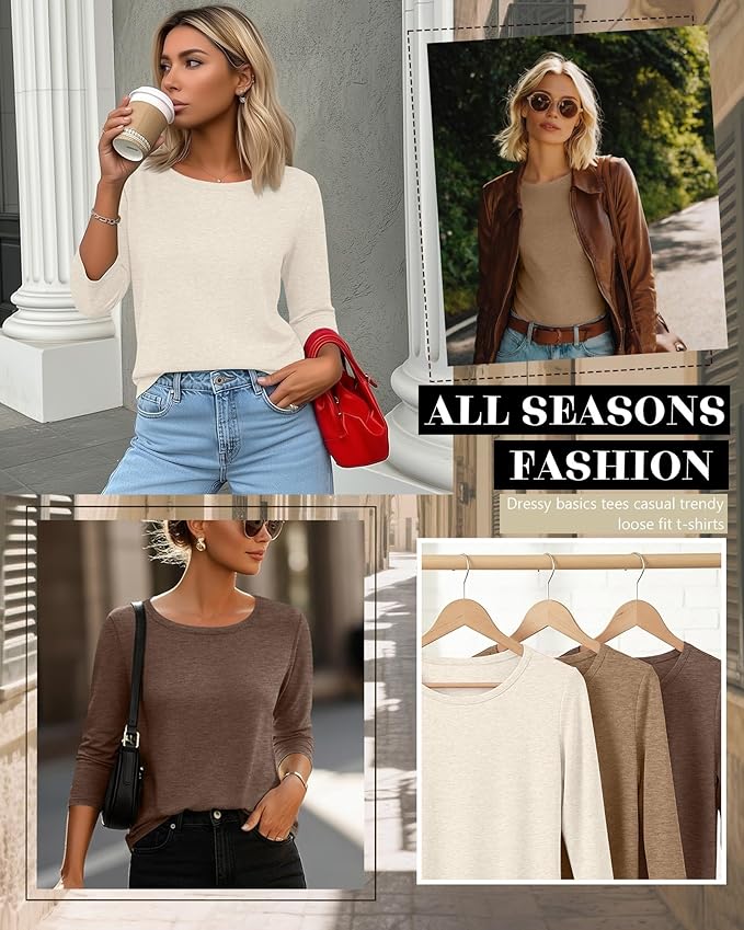 Ficerd 3 Pack 3/4 Sleeve Tops for Women Round Neck Dressy Basics Tees Casual Trendy Loose Fit T Shirts