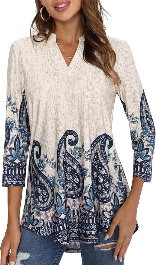 BAISHENGGT 3/4 Sleeve Tops for Women Notch V Neck Floral Work Blouses Dressy Casual Loose Fit Going Out Tunic Tops