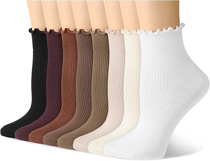Justay 8 Pairs Ruffle Socks Woman Cute Frilly Soft Cotton Crew Ankle Socks for Women Gifts