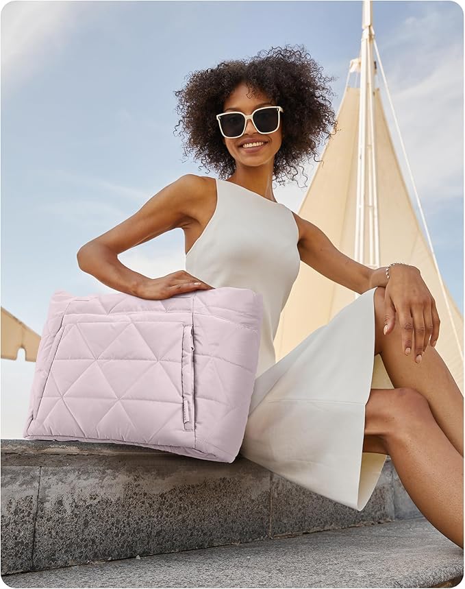 BAGSMART Tote Bag for Women, Puffy Tote Bag with Zipper, Large Quilted Shoulder Bag with Compartments for Travel, Work, Gym