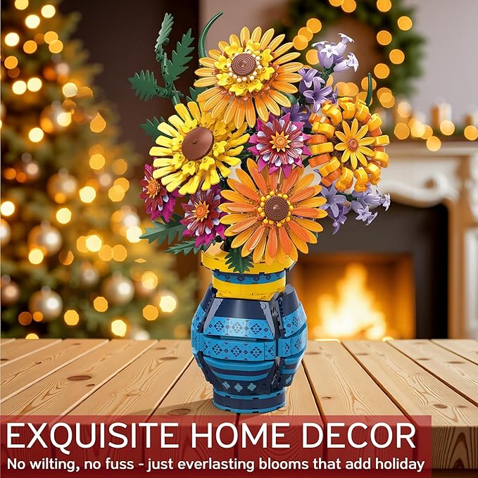 Sunflower Bouquet Building Blocks w/ Vase Set, 1065 PCS Botanical Collection Valentine Birthday Gifts for Adult Women Her Him Mom Teenage, Artificial Flower Home Decor Stocking Stuffers for Teen Girls
