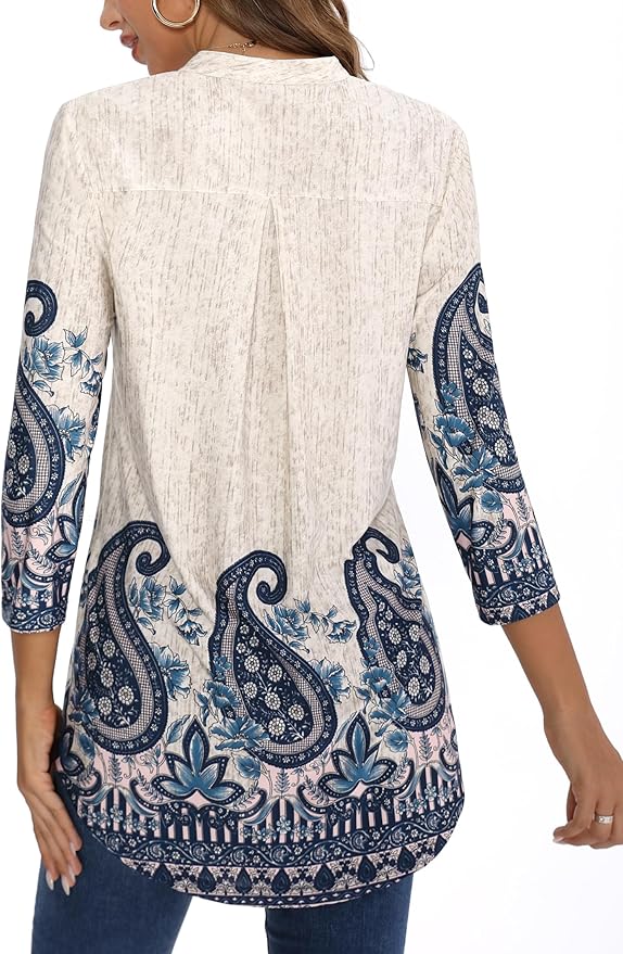 BAISHENGGT 3/4 Sleeve Tops for Women Notch V Neck Floral Work Blouses Dressy Casual Loose Fit Going Out Tunic Tops