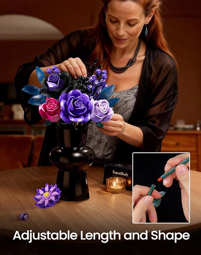 iATOM Flower Bouquet Building Set, Purple Roses Botanical Collection Kits for Adults Women, Gift for Valentine's Day for Her/Mom/Girlfriend/Wife/Couple, Gothic Modern Home Room Office Table Decor
