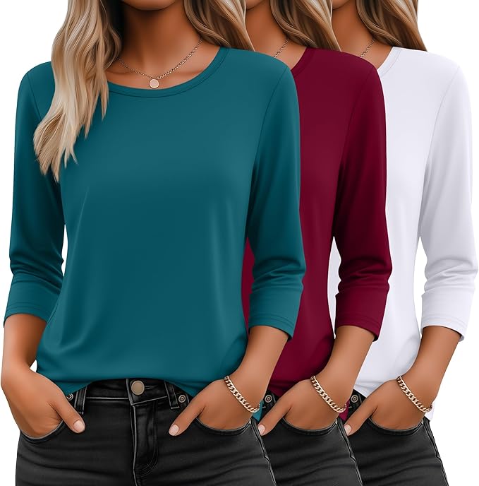 Ficerd 3 Pack 3/4 Sleeve Tops for Women Round Neck Dressy Basics Tees Casual Trendy Loose Fit T Shirts