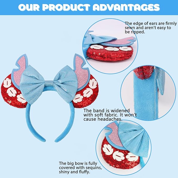 ETLUK Mouse Ears Headband, Mouse Ears for Women Girls, Sequin Bow Headbands Cosplay Accessories Party Decorations (ST Red)