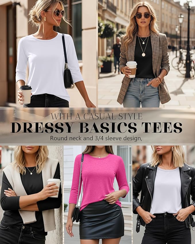 Ficerd 3 Pack 3/4 Sleeve Tops for Women Round Neck Dressy Basics Tees Casual Trendy Loose Fit T Shirts