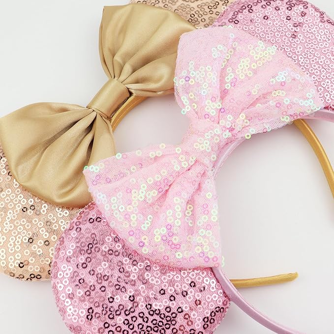 LIHELEI Mouse Ears Headband for Princess, Pink Headbands for Women Halloween Costume, Sequin Bows Headwear Hair Accessories -2 pack Rose Gold+Pink