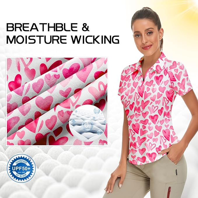 Women's Golf Shirt Short Sleeve Tennis Shirt Quarter Zip Golf Pullover Golf Polo Shirts Argyle Tops